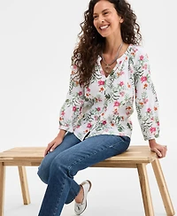 Style & Co Floral-Print Gauze Popover Long-Sleeve Top, Exclusively at Macy's