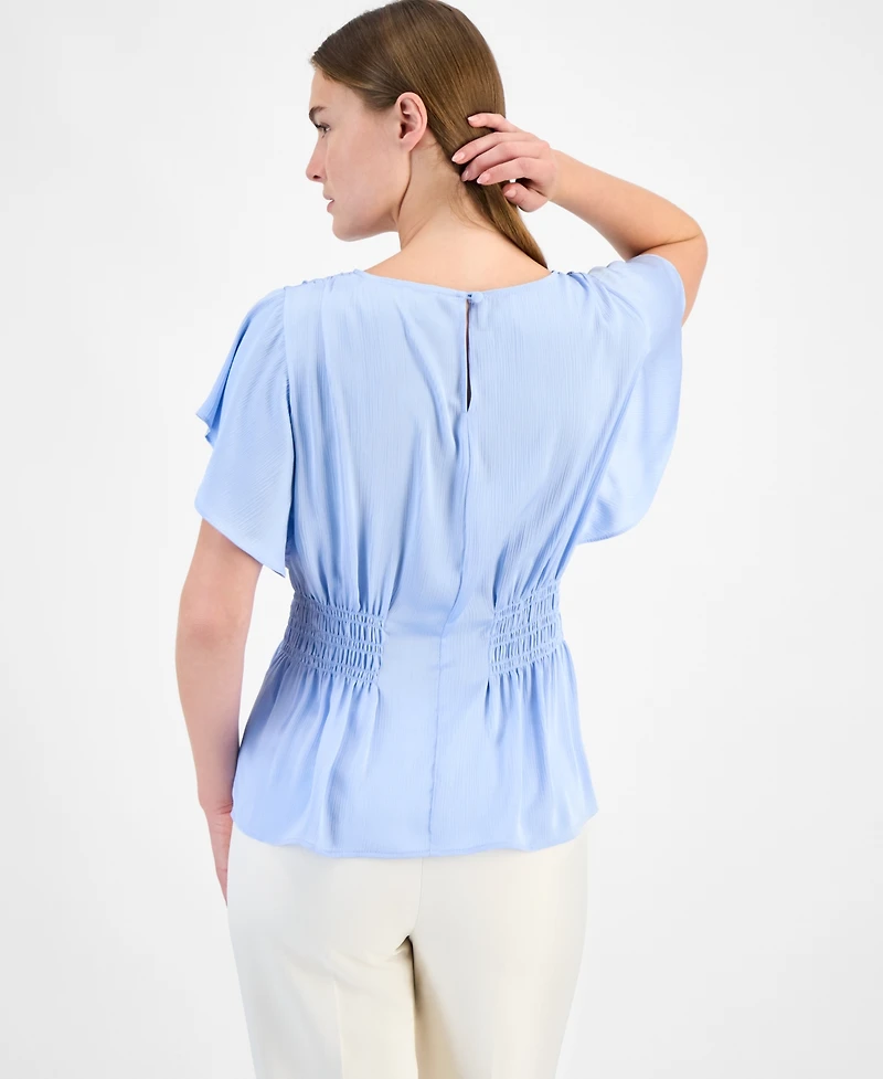 Anne Klein Petite Smocked-Waist Flutter Sleeve Top