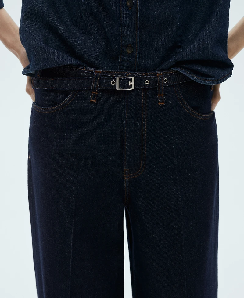 Mango Women's Belted Rinse-Wash Wide Leg Jeans