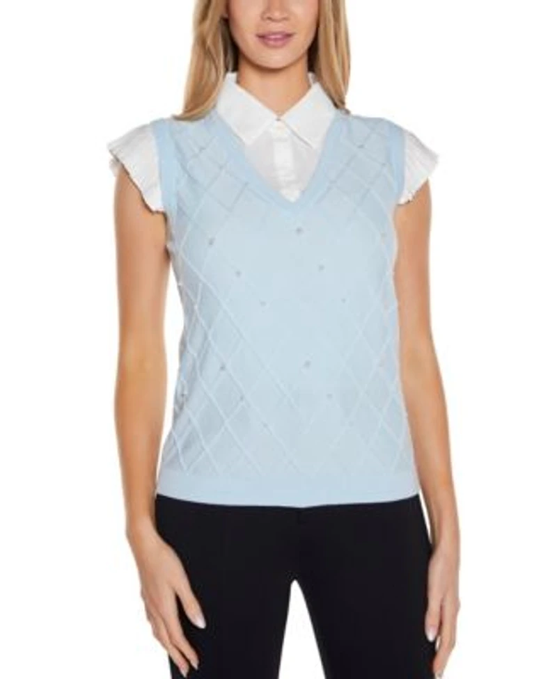 Belldini Womens Two Fer Pullover Sweater