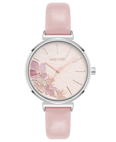 Nine West Women's Quartz Boyfriend Silver-Tone and Light Pink Polyurethane Leather Band Watch, 36mm