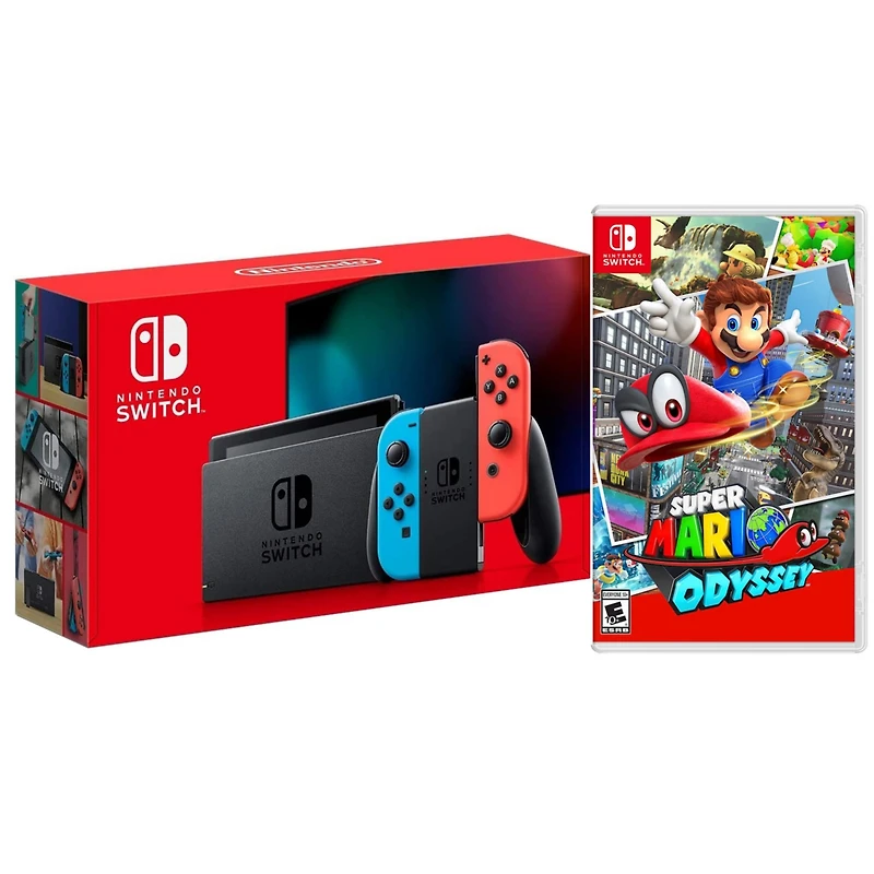 Nintendo Switch 32GB Console with Neon Joy-Con Controller and Super Mario Odyssey Game Bundle