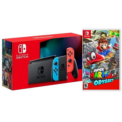 Nintendo Switch 32GB Console with Neon Joy-Con Controller and Super Mario Odyssey Game Bundle