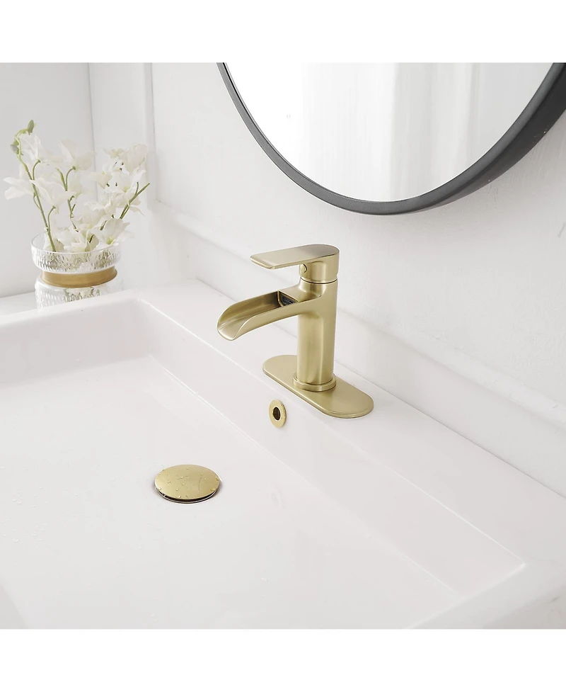 Waterfall Single Hole Single-Handle Low-Arc Bathroom Faucet With Pop-up Drain Assembly Brushed Nickel