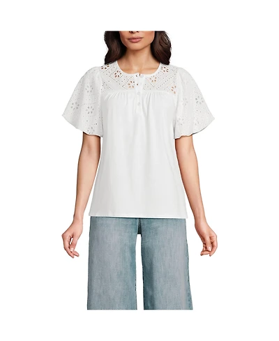 Lands' End Women's Eyelet Crew Puff Sleeve Top
