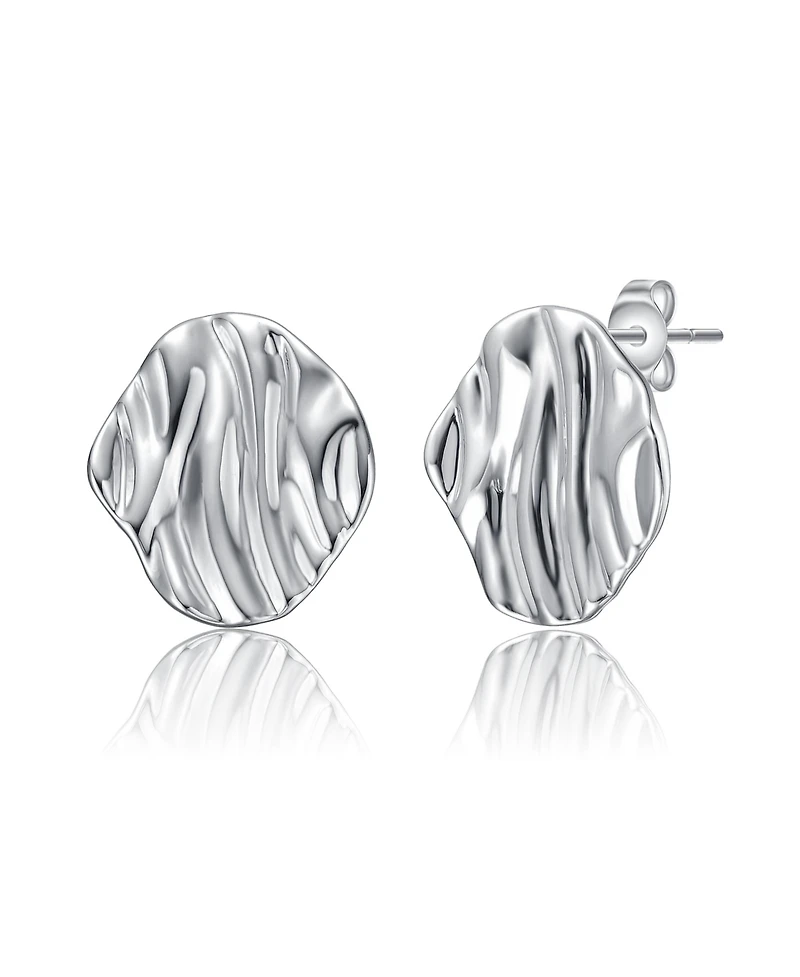 Sterling Silver White Gold Plated Rippled Surface Stud Earrings