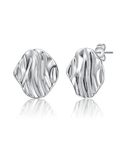 Sterling Silver White Gold Plated Rippled Surface Stud Earrings