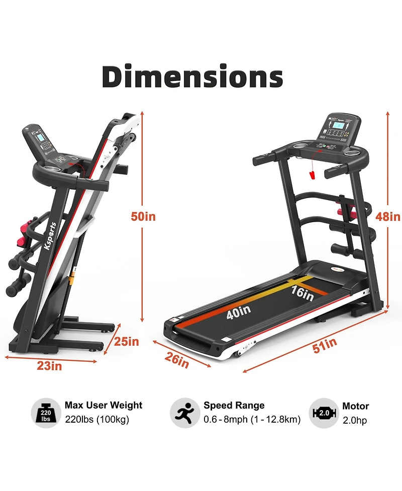 Ksports Treadmill Electric Foldable Exercise Indoor Walking Pad with Auto and Manual Incline, Sit-Up Rack or Strap, Ab Mat, and 2 Dumbbells, Black