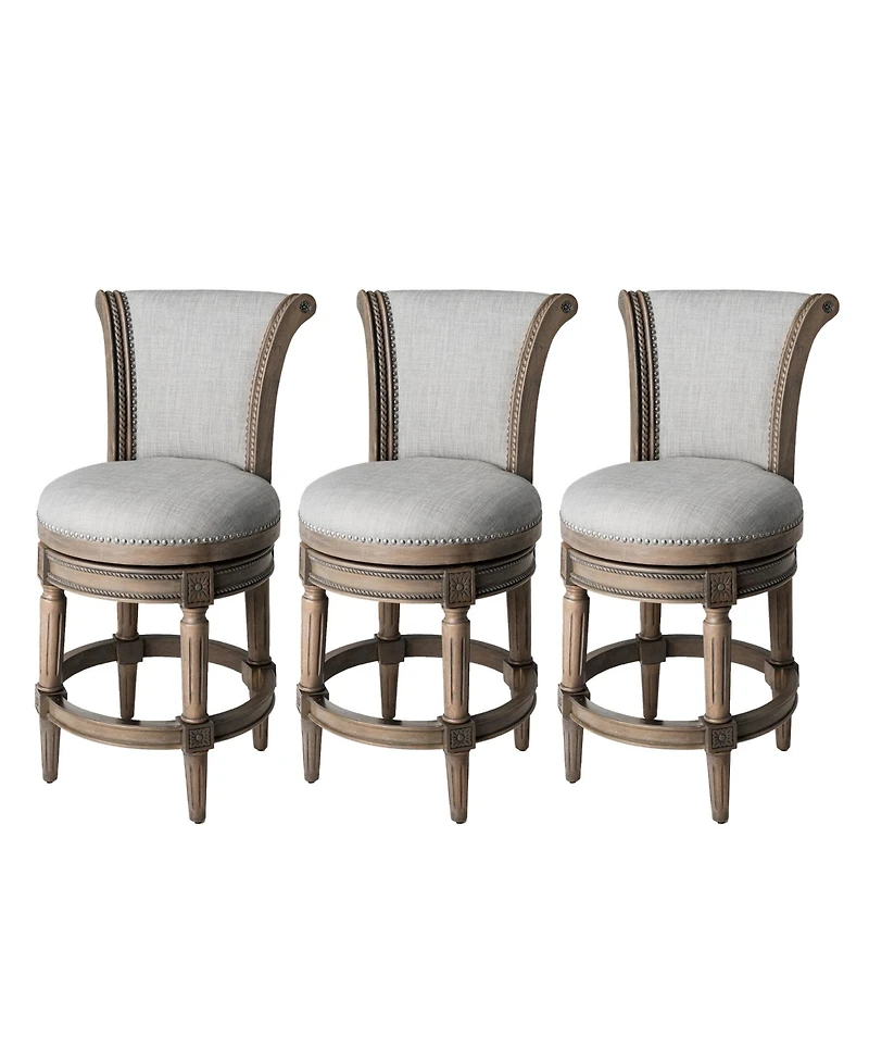 Maven Lane Pullman Counter Stool in Reclaimed Oak Finish with Ash Grey Fabric Upholstery, Set of 3