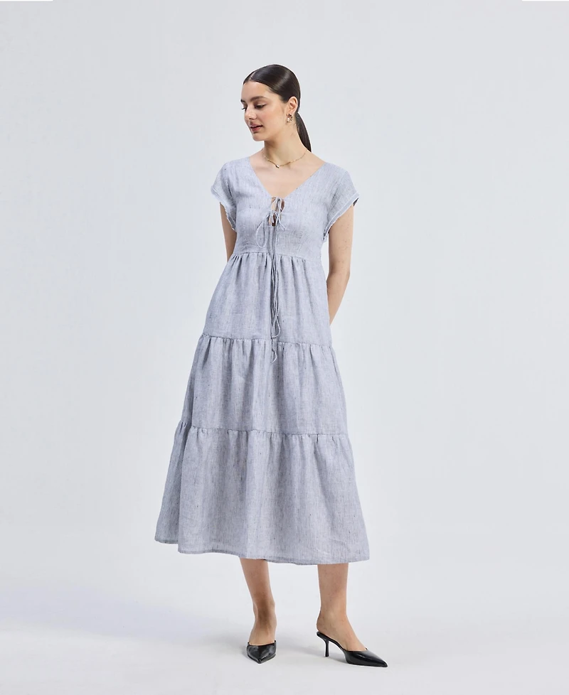 Reistor Women's Gathered Tiered Dress with Front-ties - Linen stripes