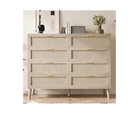8 Drawer Rattan Dresser, 47.2" x 15.7" x 37" Rattan Chest of Dressers, Mid Century Modern Dresser for Closet with Handles, Large Table Top, Dresser Be