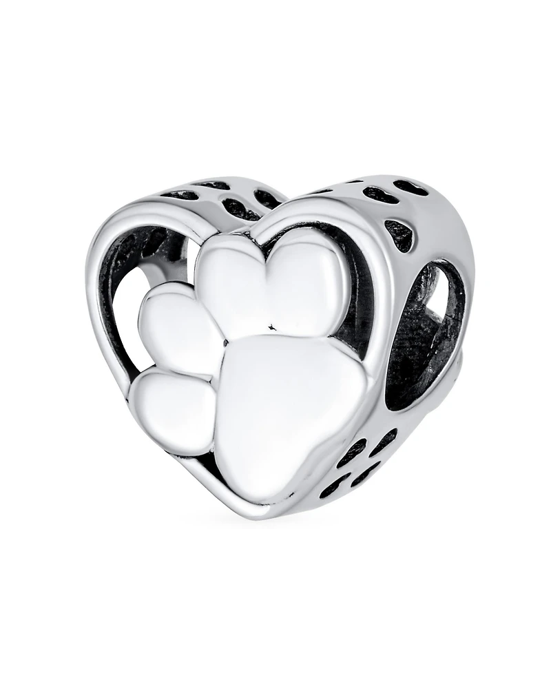 Bling Jewelry Black Cz Heart Paw Print Charm Bead Pet Lovers - Fits European Bracelet