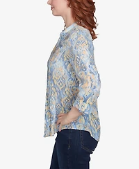 Ruby Rd. Petite Brushed Foulard Button Front Mandarin Collar Top
