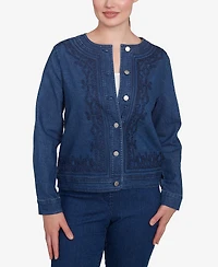 Ruby Rd. Petite Dark Stretch Denim Embroidered Jacket