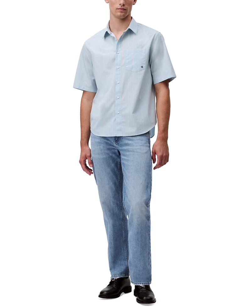 Calvin Klein Men's Relaxed Fit Short Sleeve Poplin Striped Button-Front Shirt