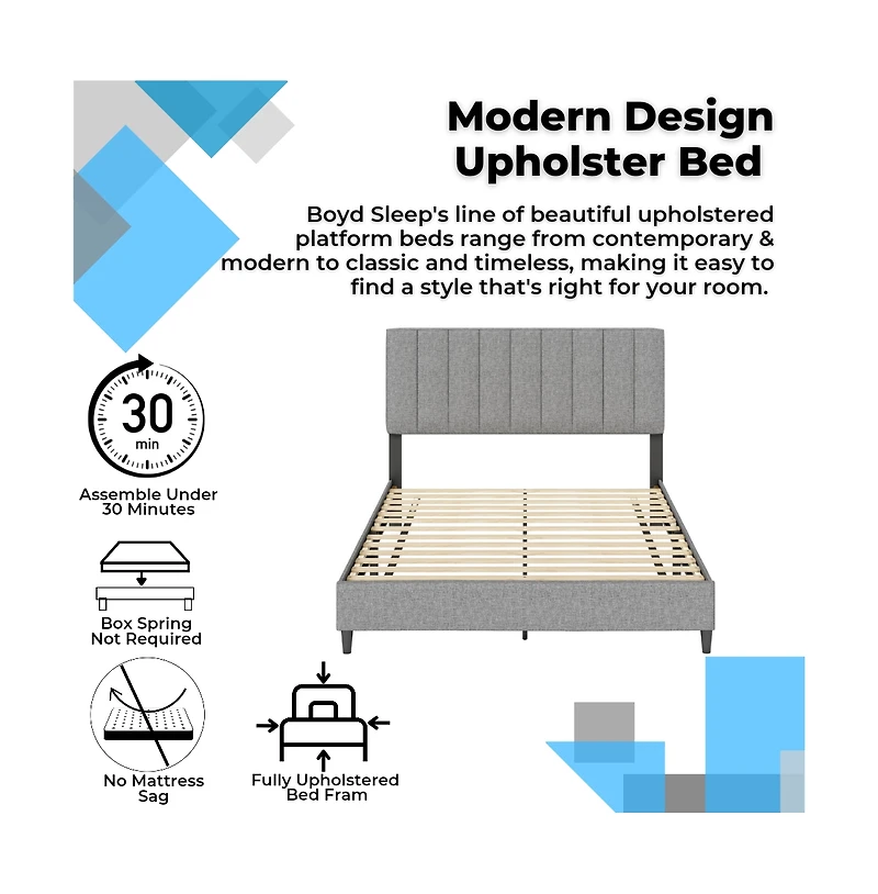 Leah Linen Upholstered Platform Bed Frame with Adjustable Headboard - Boyd Sleep, 13 slat support