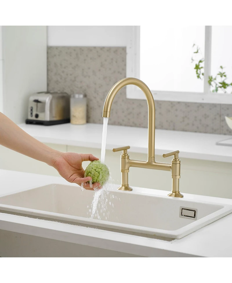 Modern Double Handle 2-Holes Deck Mount Bridge Kitchen Faucet with 360 Swivel Spout Sink Faucet