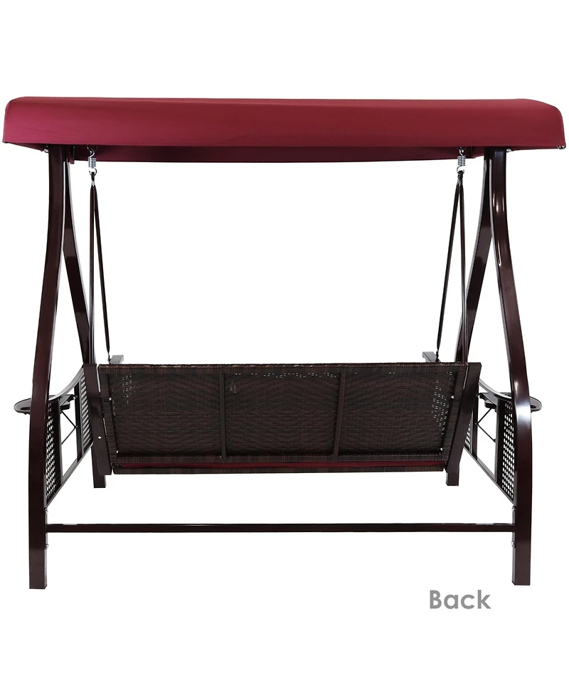 3-Person Outdoor Patio Swing with Adjustable Canopy Shade, Foldable Side Tables, Cushions and Pillow, Merlot