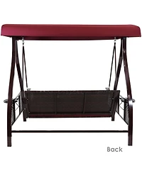 3-Person Outdoor Patio Swing with Adjustable Canopy Shade, Foldable Side Tables, Cushions and Pillow, Merlot