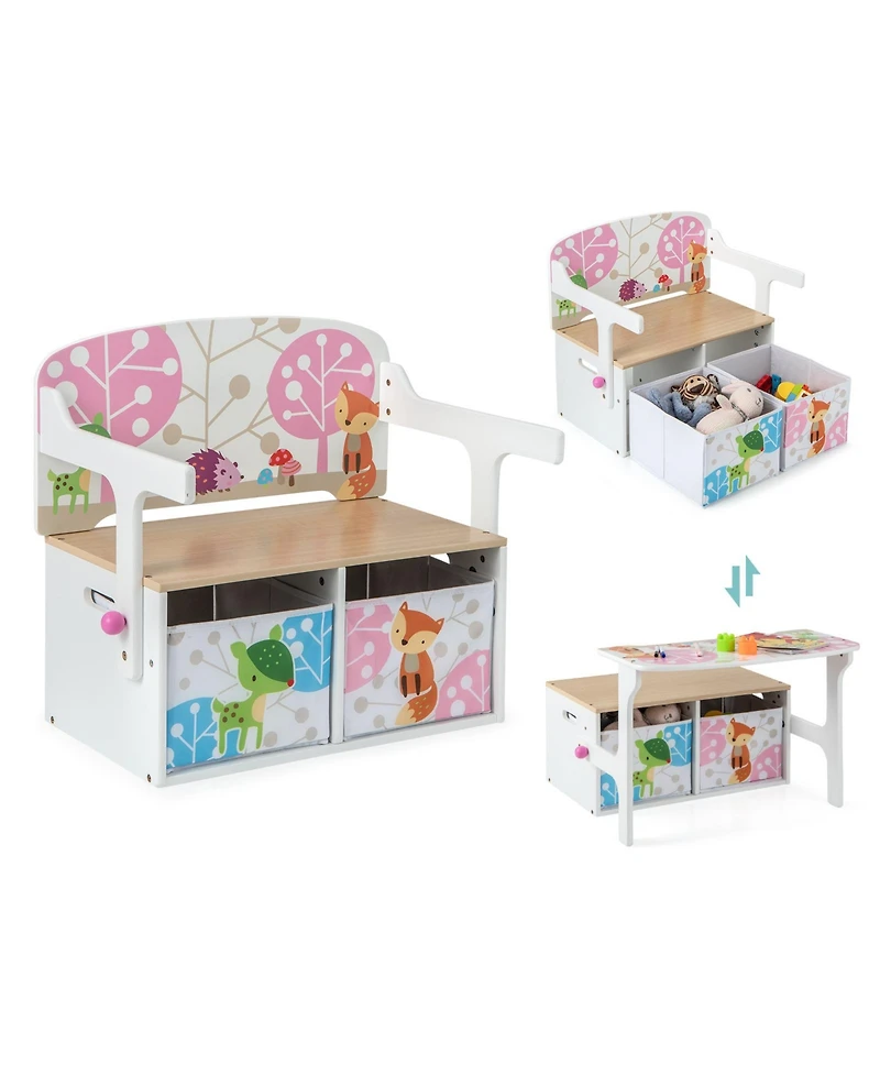 3 in 1 Kids Convertible Activity Bench with 2 Removable Fabric Bins