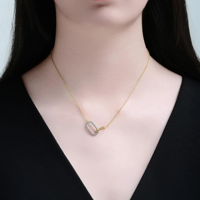 Sterling Silver with Clear Cubic Zirconia Interlocking Links Necklace White Gold Plated or 14K