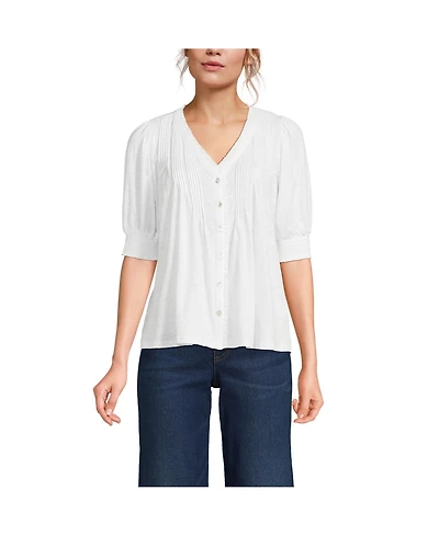 Lands' End Women's Button Pintuck Puff Sleeve Top