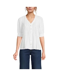 Lands' End Women's Button Pintuck Puff Sleeve Top