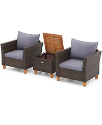Gymax Set of 3 Rattan Bistro Furniture Set Wooden Table Top Cushioned Sofa Patio