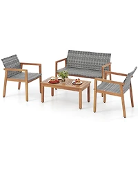 Gymax 4 Pieces Outdoor Furniture Set Acacia Wood Frame Sofa Set w/ Rattan Seat