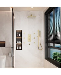 12-Inch Luxury Thermostatic Shower System with Body Jets, Stainless Steel Square Rainfall Shower Head, and Handheld Spray, 6 Side Body Jets, Brushed G