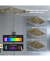5-Function Luxury Thermostatic Shower System with Body Jets, Led Lights, Rainfall Head, and Handheld Spray, Brushed Gold