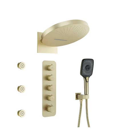 3-Function Wall Mounted 16" Thermostatic Shower System with Body Jets, 2-Mode Rainfall Showerhead, 3-Spray Handheld for Bathroom, Brushed Gold