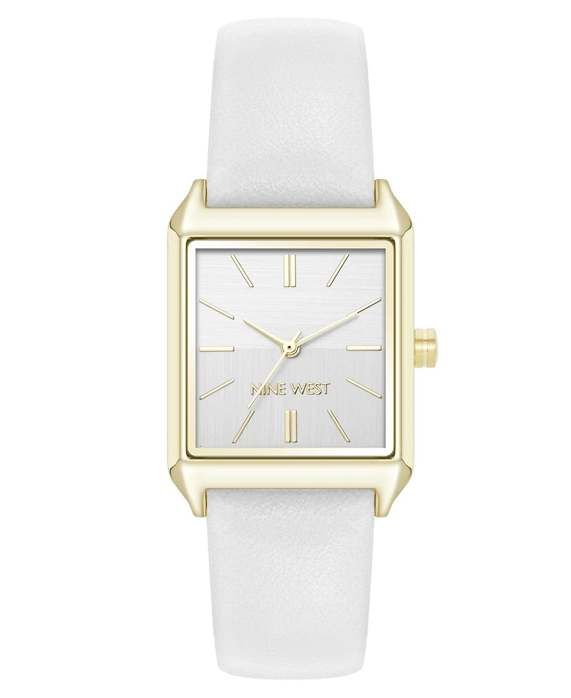 Nine West Women's Quartz Rectangular Gold-Tone and White Polyurethane Leather Band Watch, 29mm