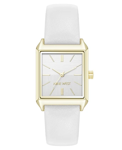 Nine West Women's Quartz Rectangular Gold-Tone and White Polyurethane Leather Band Watch, 29mm
