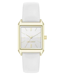 Nine West Women's Quartz Rectangular Gold-Tone and White Polyurethane Leather Band Watch, 29mm