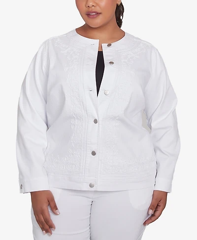 Ruby Rd. Plus White Stretch Denim Embroidered Jacket