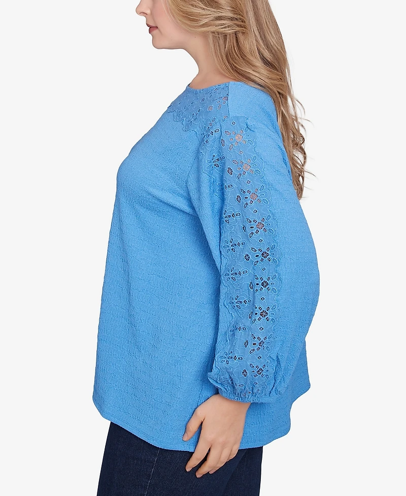 Ruby Rd. Plus Solid Textured Eyelet 3/4 Sleeve Top