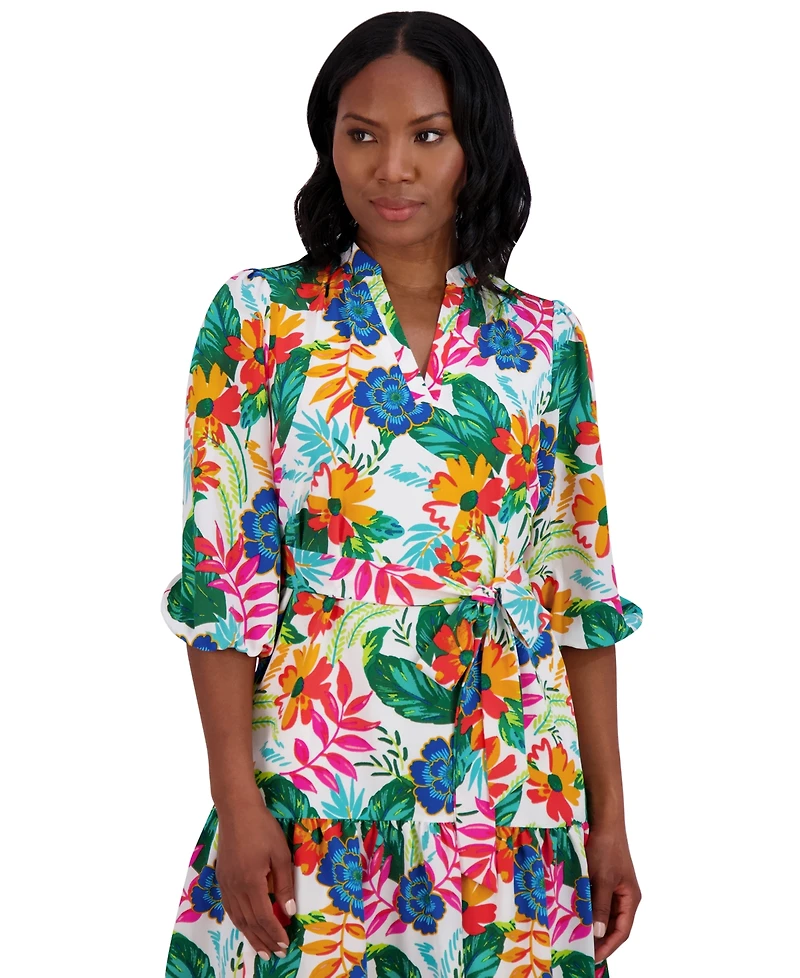 Jessica Howard Women's Floral Balloon-Sleeve Split-Neck Dress