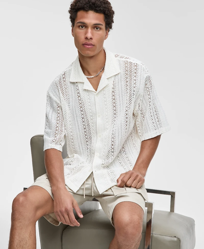 Mode of One Men's Relaxed-Fit Textured Crochet Button-Down Camp Shirt, Exclusively at Macy's