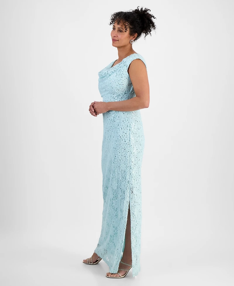 Connected Sequined Lace Cowl-Neck Gown