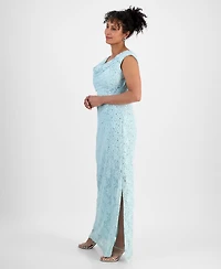 Connected Sequined Lace Cowl-Neck Gown