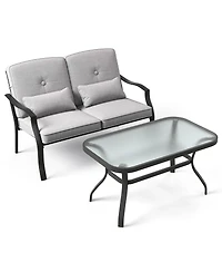 Gymax 2PCS Furniture Set Outdoor Loveseat Chair Coffee Table Cushioned Seat Patio