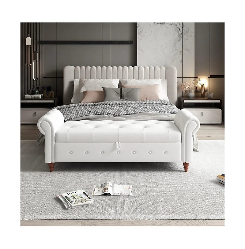 63 Inch Upholstered Storage Bench with Rolled Arms, Tufted Ottoman Large Hidden Compartment-The Pop Home