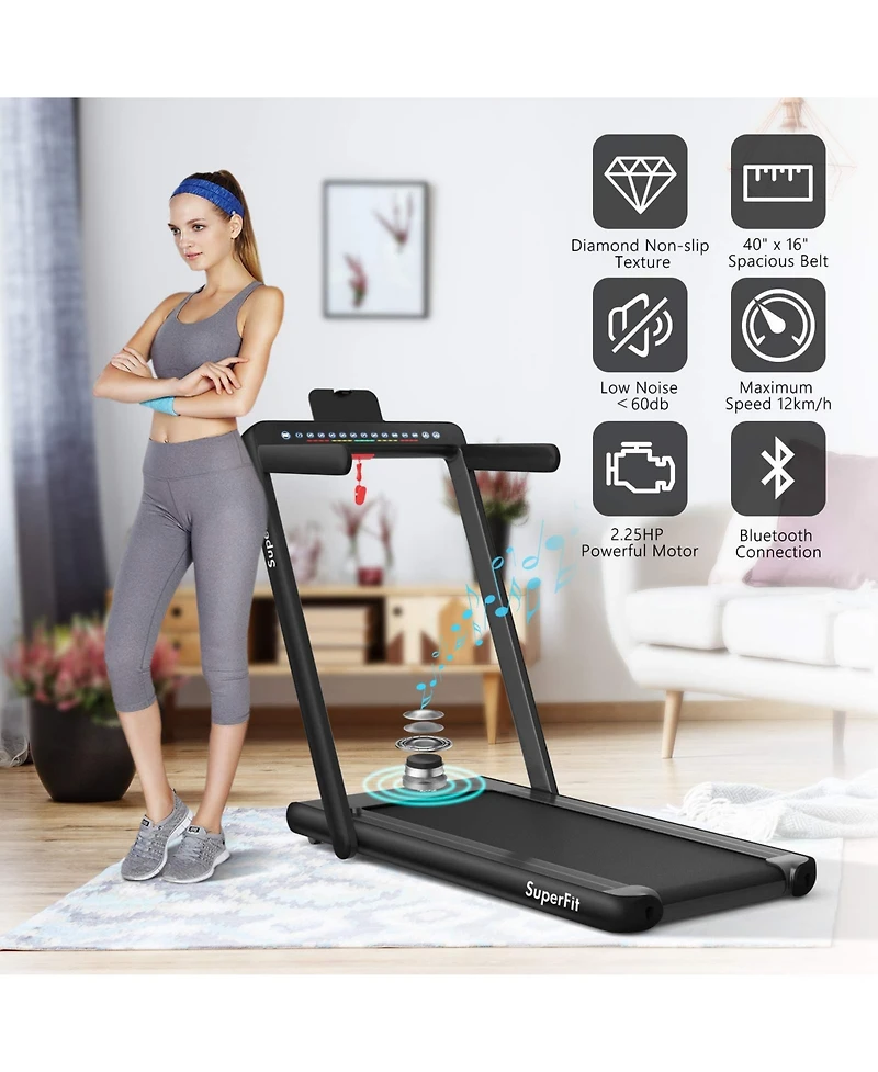 2 in 1 Folding Treadmill with Dual Display, 2.25HP Superfit Under Desk Electric Pad Treadmill, Installation-Free, Blue Tooth Speaker, App Control, Rem