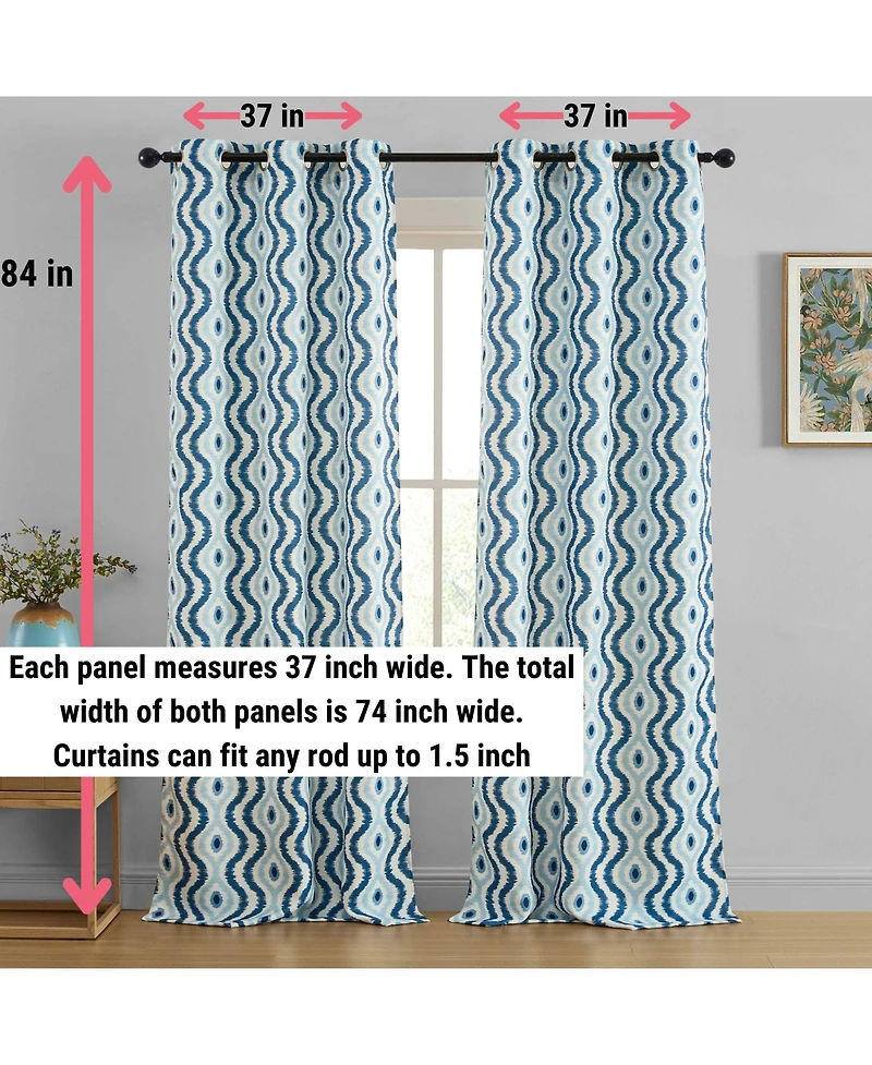 Hlc.me Tanner Ogee Ikatt Damask Patterned Window Grommet Curtains Bedroom - Light Blocking Darkening Window Panels, Set of 2 (Blue