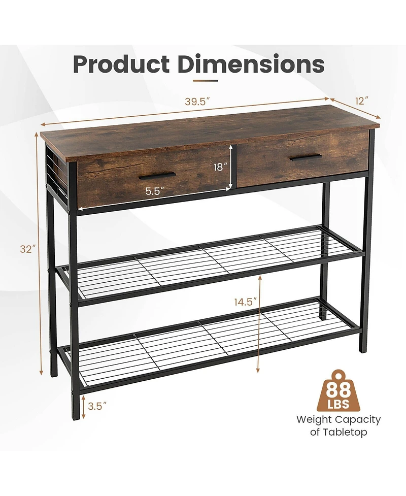 Entryway Table with 2 Drawers and 2-Tier Storage Shelves for Home Organization