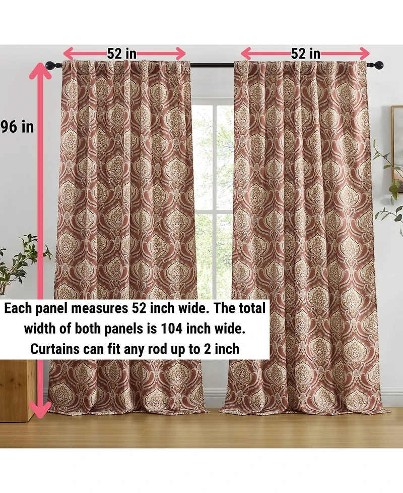 Hlc.me Messina Paisley Damask Patterned Back Tab Rod Pocket Curtains - Light Blocking Darkening Window Panels, Set of 2 (Spice Red