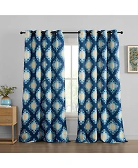 Hlc.me Liam Ogee Ikatt Damask Patterned Window Grommet Curtains Bedroom - Light Blocking Darkening Window Panels, Set of 2 (Navy Blue