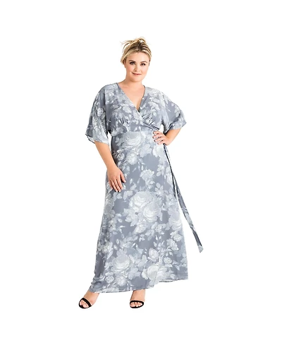 Plus Size Women's Floral Chiffon Kimono Wrap Dress Maxi Length