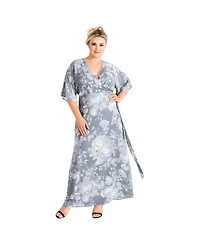 Plus Size Women's Floral Chiffon Kimono Wrap Dress Maxi Length